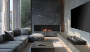 Modern living room with a gray sectional sofa, black coffee table, wall-mounted TV, and a built-in fireplace with a dark stone surround.