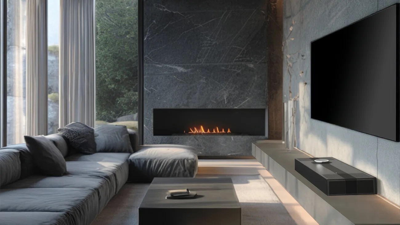 Modern living room with a gray sectional sofa, black coffee table, wall-mounted TV, and a built-in fireplace with a dark stone surround.