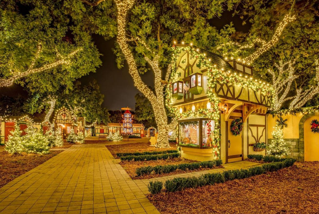 Image shows the Christmas Village at Dallas Arboretum.