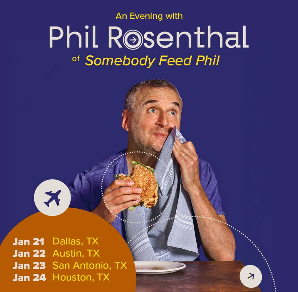 Image shows an advertisement of Phil Rosenthal's tour coming to Texas.