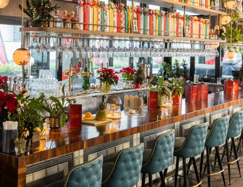 Image shows the bar area at The Henry decorated for its St. Henry's Winter Wonderland pop-up.