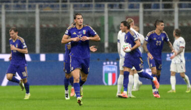 MILAN, ITALY - NOVEMBER 16: Pio Esposito of Italy celebrates scoring his team