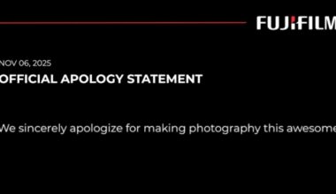 A Fujifilm announcement dated Nov 6, 2025, titled "Official Apology Statement" with the message: "We sincerely apologize for making photography this awesome.
