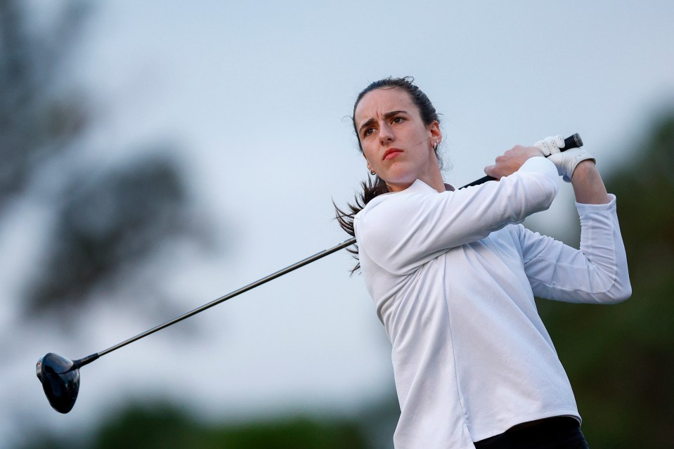Caitlin Clark, professional basketball player, plays her shot from the second tee during a Pro-Am prior to The ANNIKA driven by Gainbridge at Pelican 2024 at Pelican Golf Club on November 13, 2024 in Belleair, Florida.