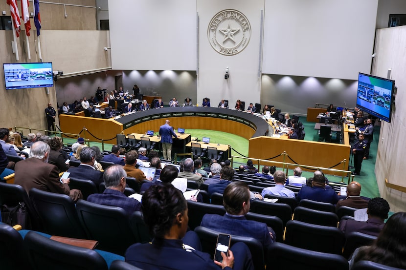 City Council members listen to speakers during a Dallas City Council meeting on Wednesday,...