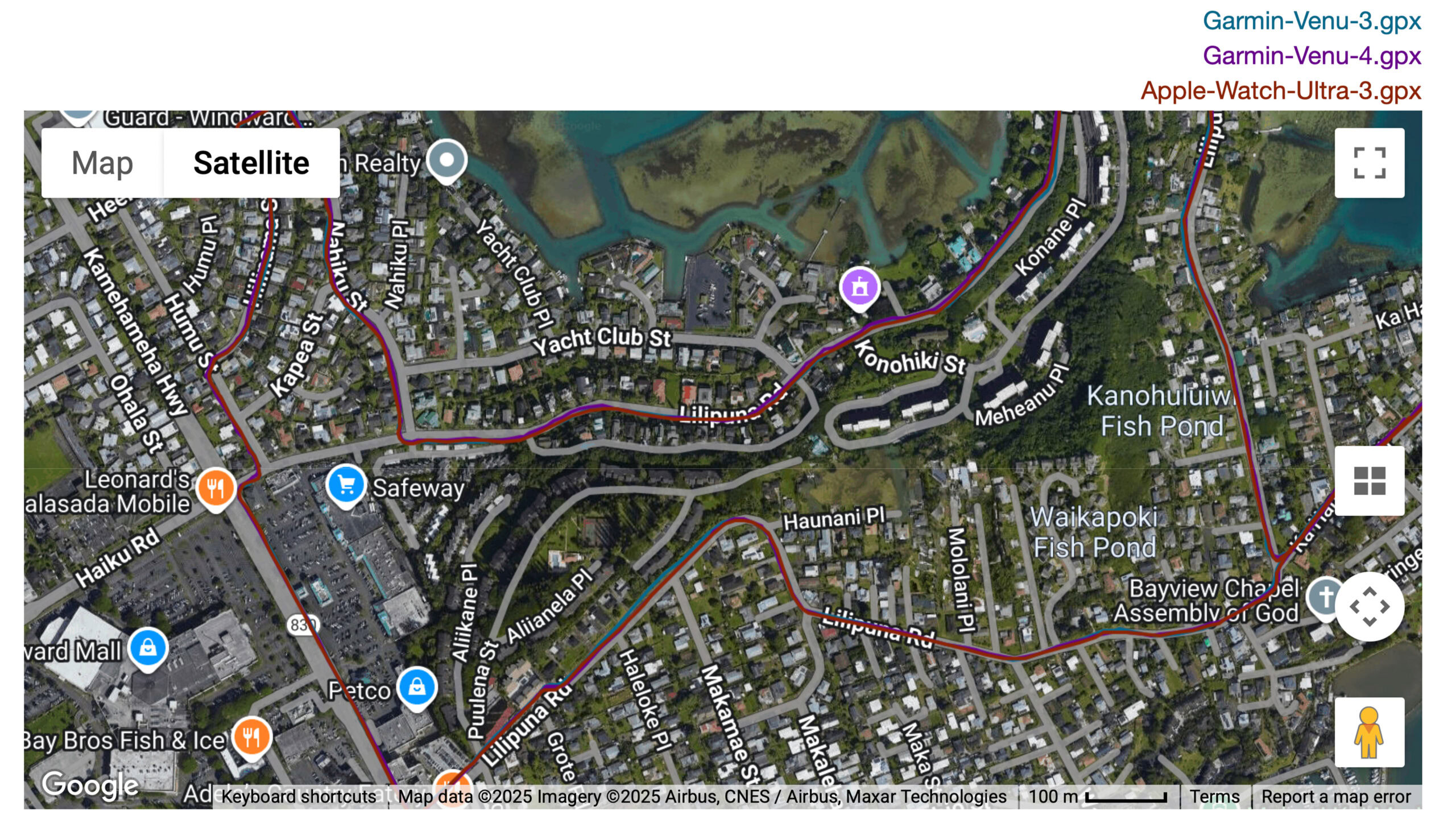 Garmin Venu 4 GPS A satellite image shows the route tracked by a Garmin Venu 4.