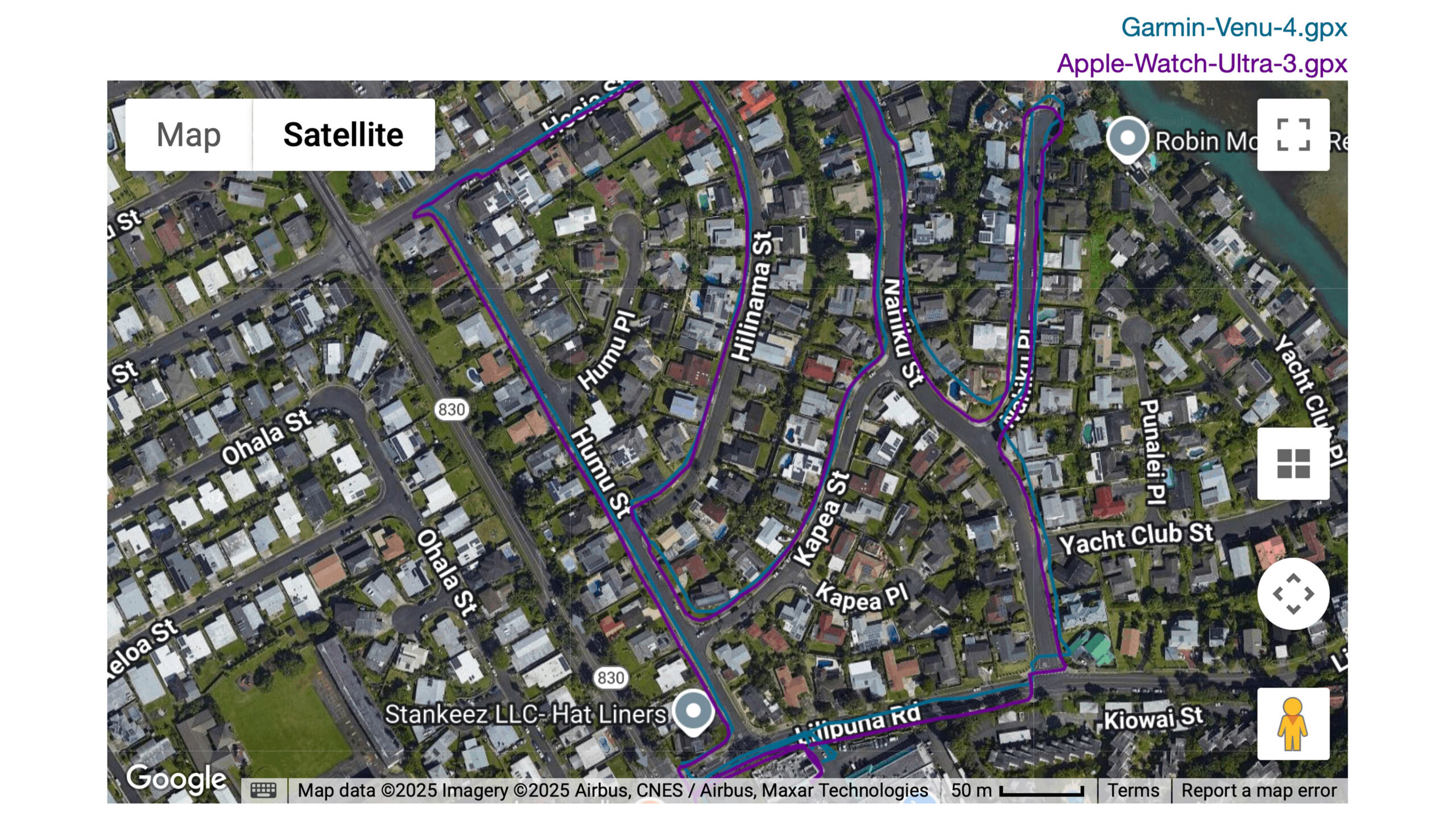 Garmin Venu 4 neighborhood run A satellite image shows the route tracked by a Garmin Venu 4.