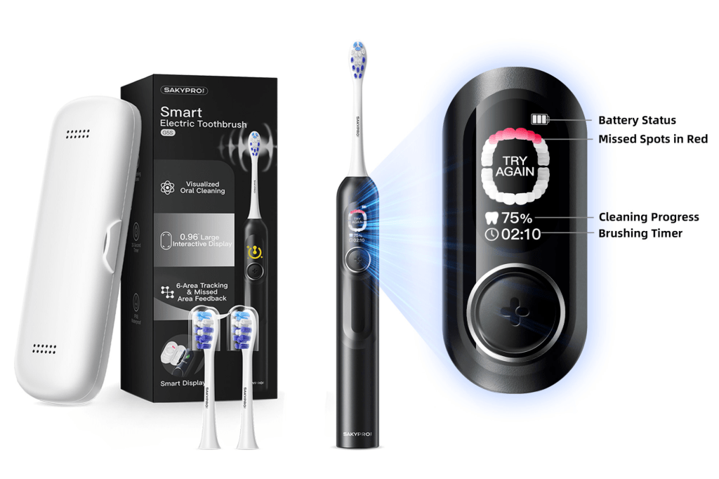 A Sakypro G5S Smart Electric Toothbrush, its packaging, a white travel case, two replacement brush heads, and a detailed display of the toothbrush's screen features including battery status, missed spots in red, cleaning progress, and brushing timer.