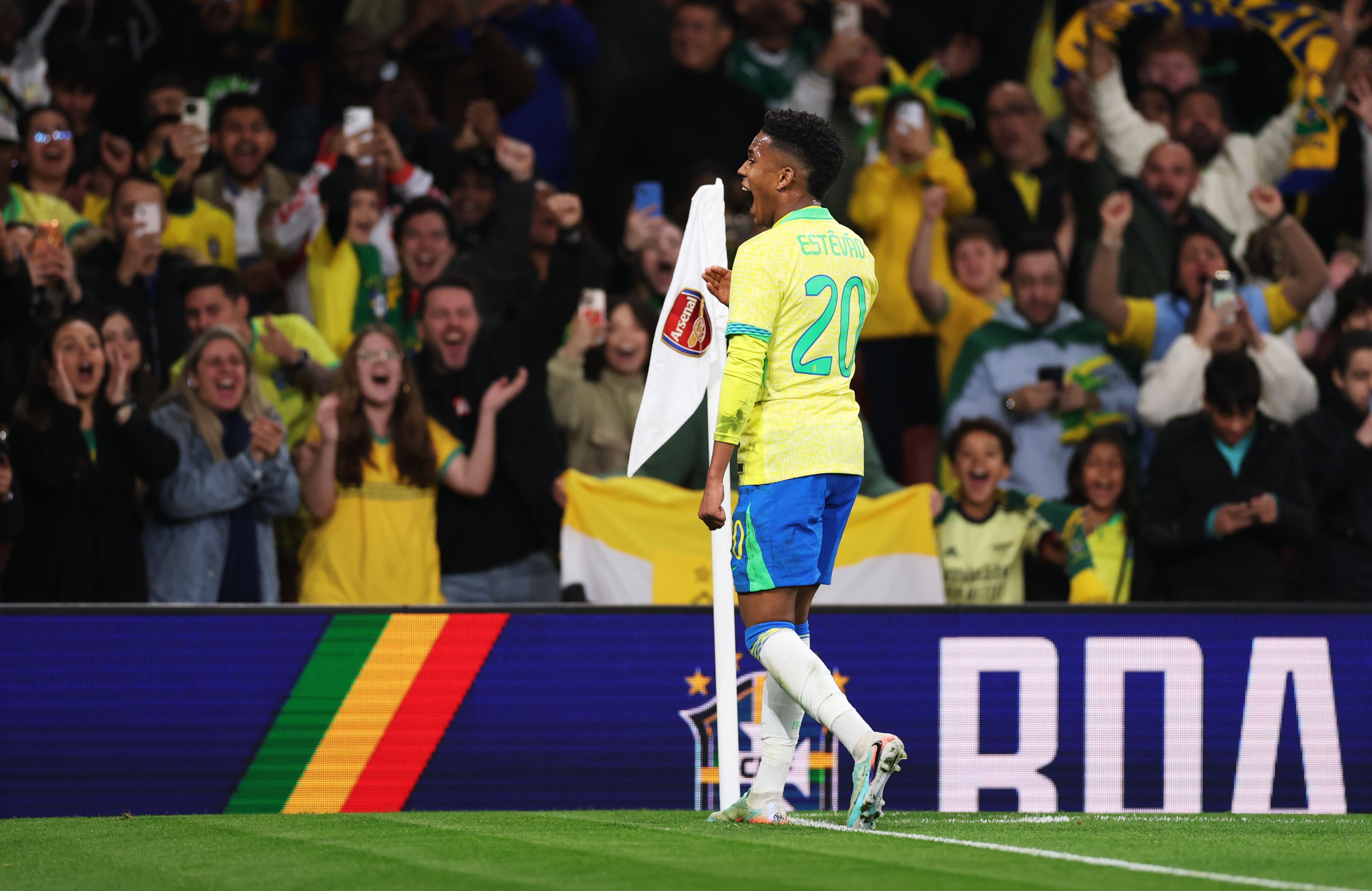 Estevao celebrates scoring for Brazil.