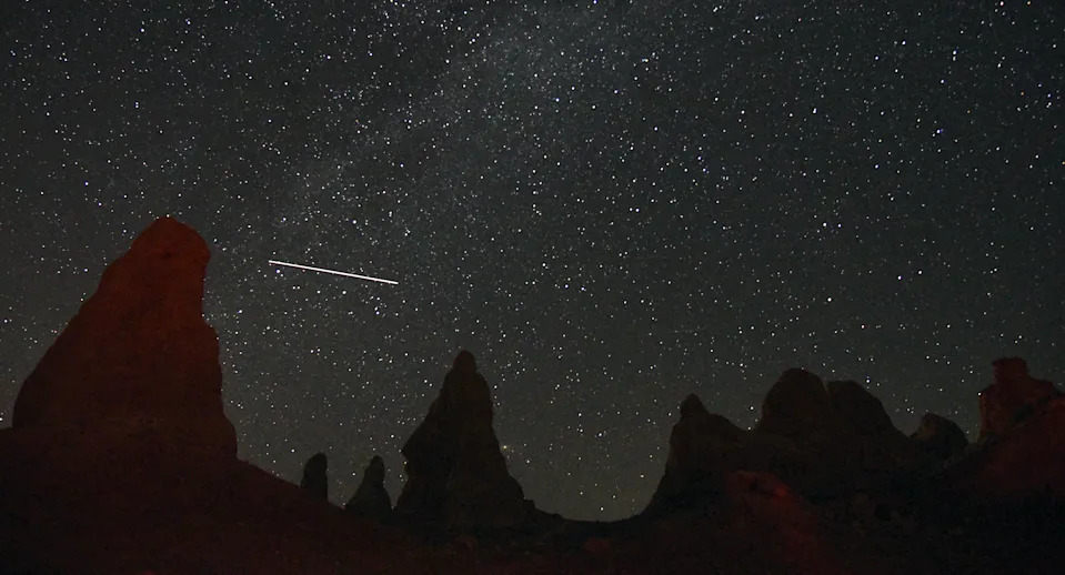 View of meteorite streaking over Trona Pinnacles near Death Valley, CA during annual Perseid Meteor Showers, August 2, 2019. (Bob Riha Jr,./Getty Images)
