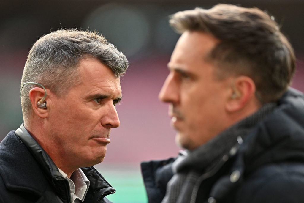 Roy Keane and Gary Neville ahead of the League Cup final match between Manchester United and Newcastle United at Wembley Stadium, England, in 2023.