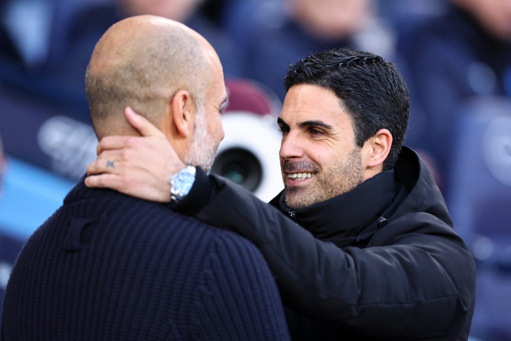 Mikel Arteta and Pep Guardiola embrace ahead of Manchester City vs Arsenal.