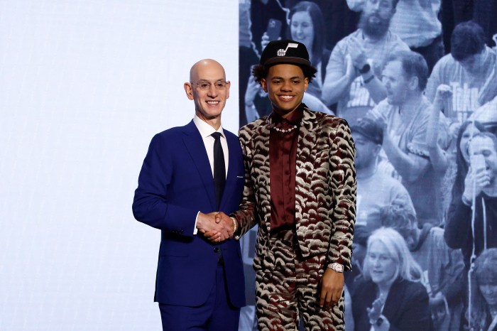 Keyonte George (right) poses with NBA commissioner Adam Silver (left) after being drafted 16th overall pick by the Utah Jazz during the first round of the 2023 NBA draft at Barclays Center on June 22, 2023, in Brooklyn, New York.
