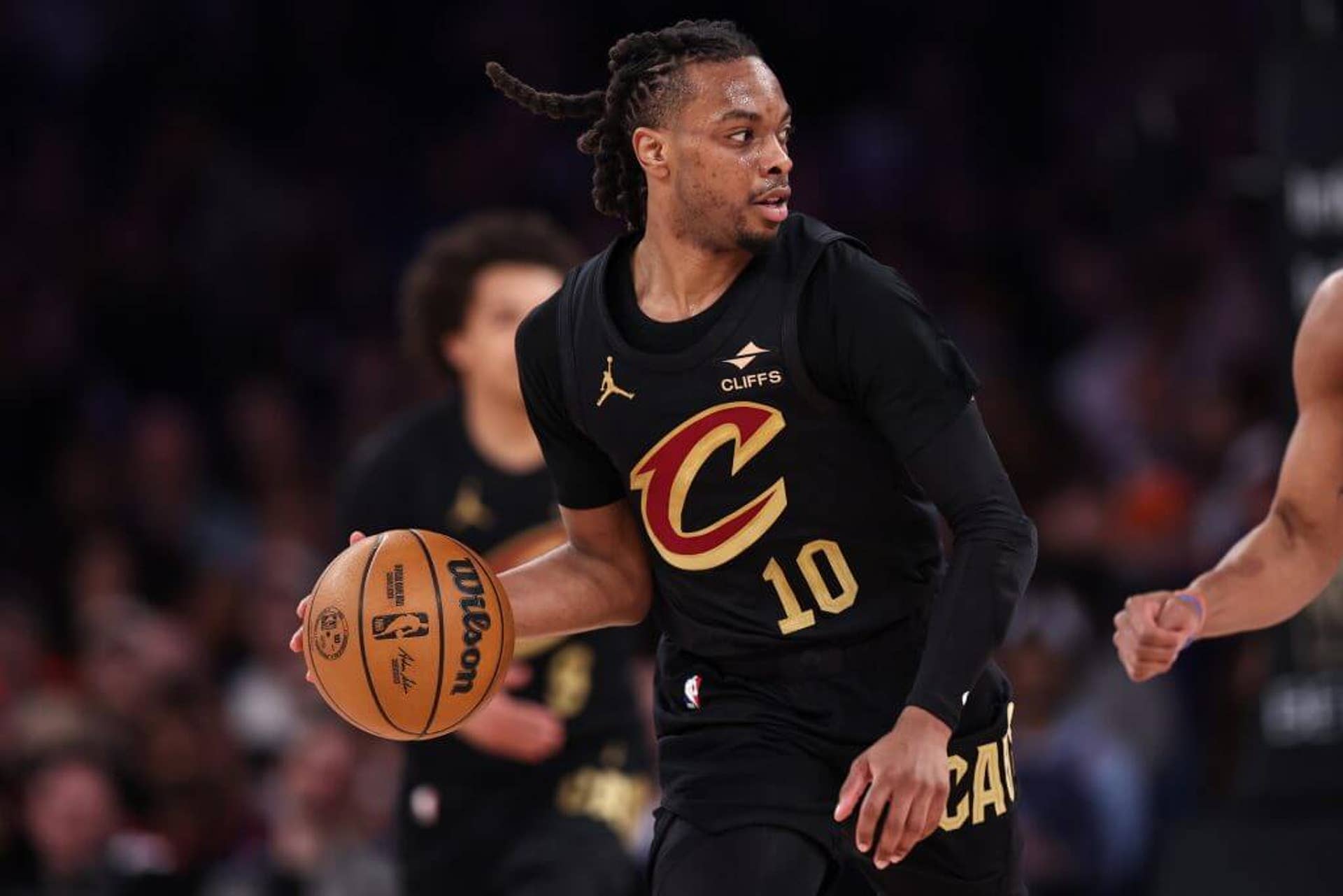 Darius Garland of the Cleveland Cavaliers brings the ball up the court during the first quarter of the game against the New York Knicks at Madison Square Garden on April 11, 2025.