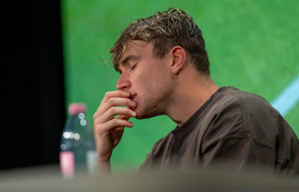 Jack Draper speaks to the media following his defeat to Marin Cilic at Wimbledon in 2025