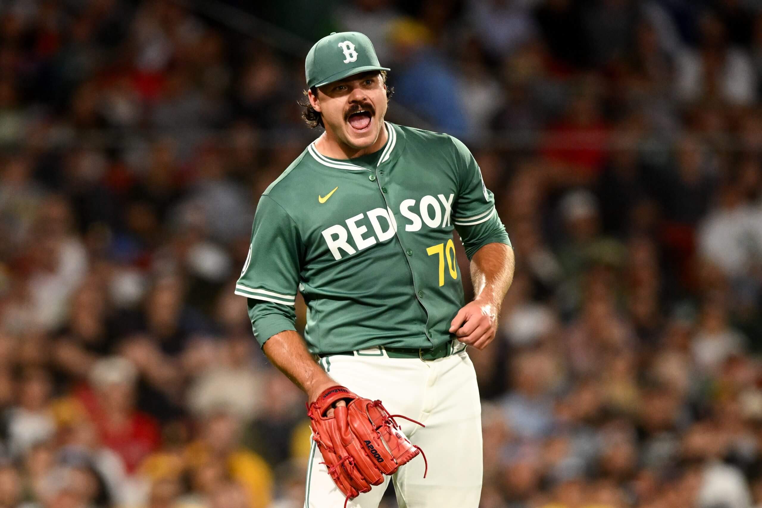 Payton Tolle of the Boston Red Sox reacts after the last out of the top of the fourth inning against the Pittsburgh Pirates.