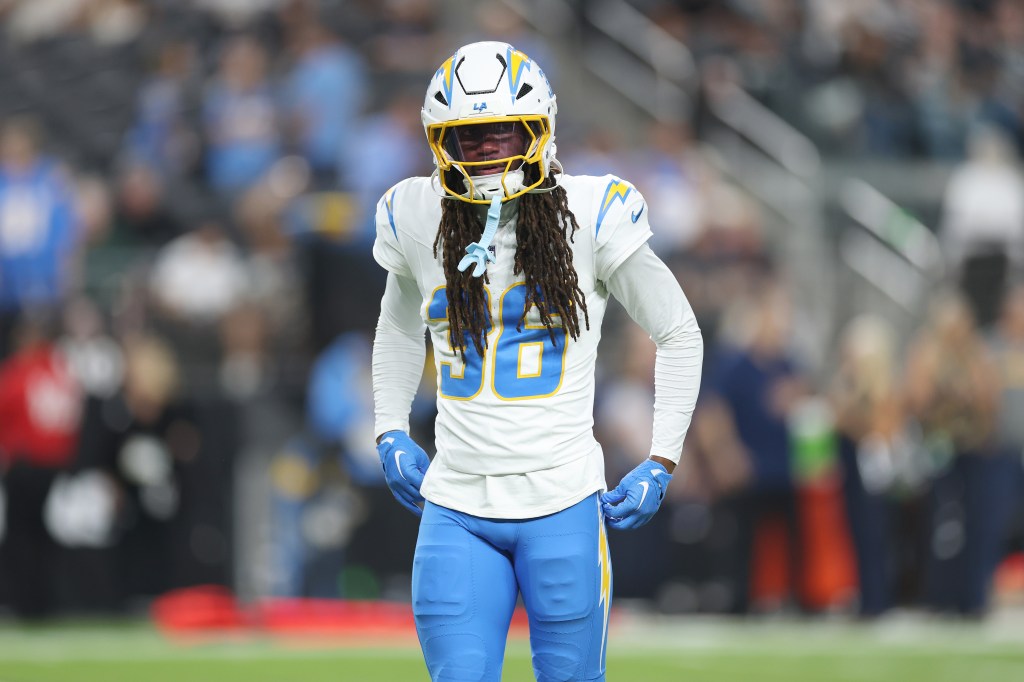 Ja'Sir Taylor #36 of the Los Angeles Chargers looks on during the NFL 2025 game against the Las Vegas Raiders at Allegiant Stadium on September 15, 2025 in Las Vegas, Nevada. 