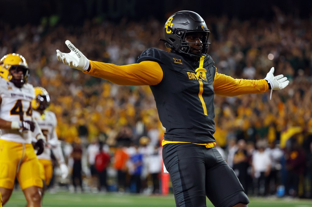 Tight end Michael Trigg celebrates after a touchdown against the Arizona State Sun Devils at McLane Stadium on September 20, 2025 in Waco, Texas. 