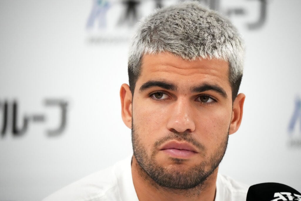 Carlos Alcaraz speaks to the media during a press conference at the 2025 Japan Open