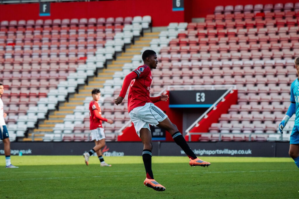 Chido Obi of Manchester United U21 in action during the Premier League 2 match between Manchester United U21 and Tottenham Hotspur U21 at Progress with Unity Stadium on October 25, 2025
