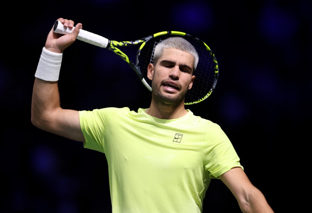 Carlos Alcaraz reacts during his defeat to Cameron Norrie at the 2025 Paris Masters