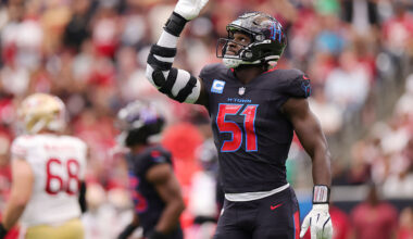 HOUSTON, TEXAS - OCTOBER 26: Will Anderson Jr. #51 of the Houston Texans reacts after making a tackle in the first quarter of the game against the San Francisco 49ers at NRG Stadium on October 26, 2025 in Houston, Texas. (Photo by Alex Slitz/Getty Images)