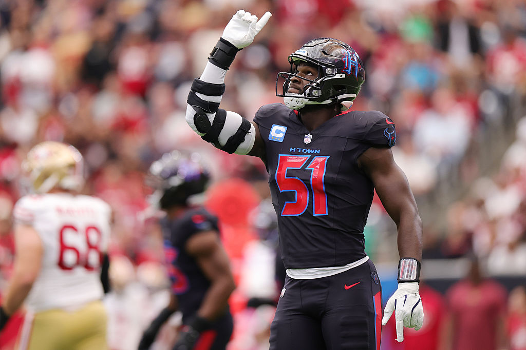HOUSTON, TEXAS - OCTOBER 26: Will Anderson Jr. #51 of the Houston Texans reacts after making a tackle in the first quarter of the game against the San Francisco 49ers at NRG Stadium on October 26, 2025 in Houston, Texas. (Photo by Alex Slitz/Getty Images)