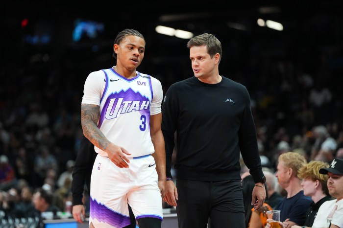 Utah Jazz head coach Will Hardy (right) says Keyonte George (left) deserves the credit for his improvement in his third NBA season.