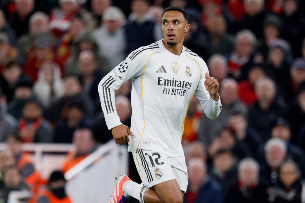 Trent Alexander-Arnold of Real Madrid CF jogs during the UEFA Champions League 2025/26 League Phase MD4 match between Liverpool FC and Real Madrid C.F. at AnfieldMD4