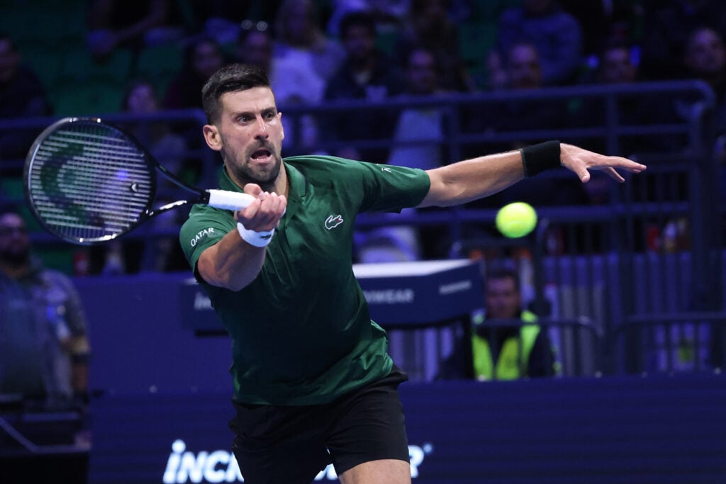 Novak Djokovic hits a forehand against Nuno Borges at the 2025 Hellenic Championship