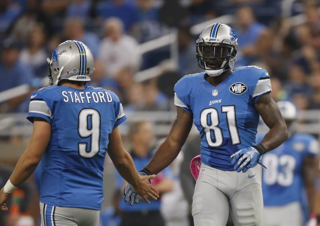Calvin Johnson #81 celebrities breaking the franchise record of the most catches with Matthew Stafford #9 of the Detroit Lions while playing the Arizona Cardinals at Ford Field