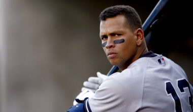 Alex Rodriguez 13 of the New York Yankees warms up in the dugout in a game against the Detroit Tigers during Game Four of the 2006 American League Division Series on October 7, 2006 at Comerica Park in Detroit, Michigan.