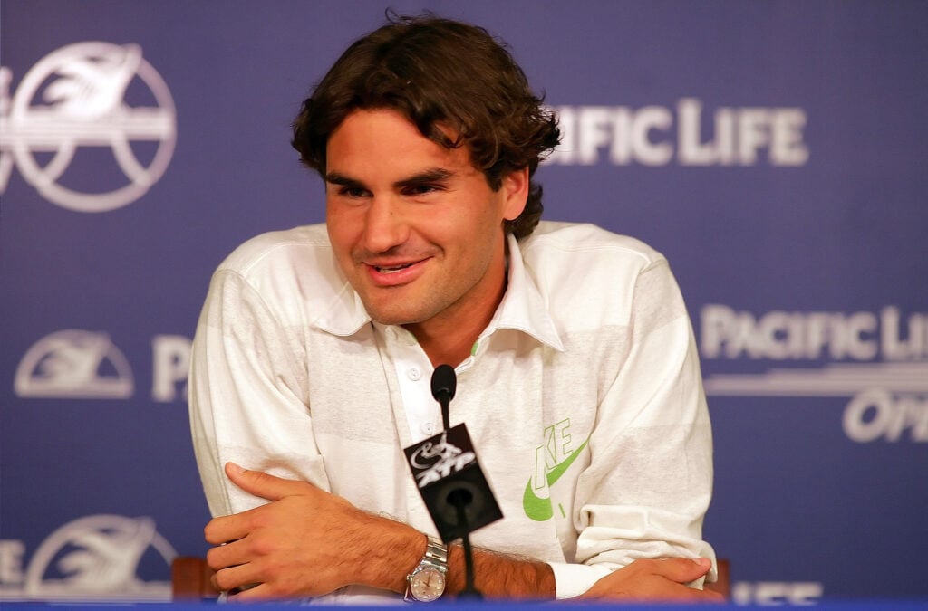 Roger Federer speaks to the media during Indian Wells in 2007