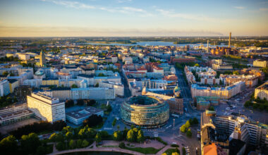 Aerial view to Hakaniemi district in downtown Helsinki by sunset in summer