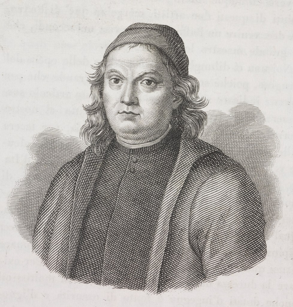 Engraving of a man with long hair, wearing a cap and dark robes.