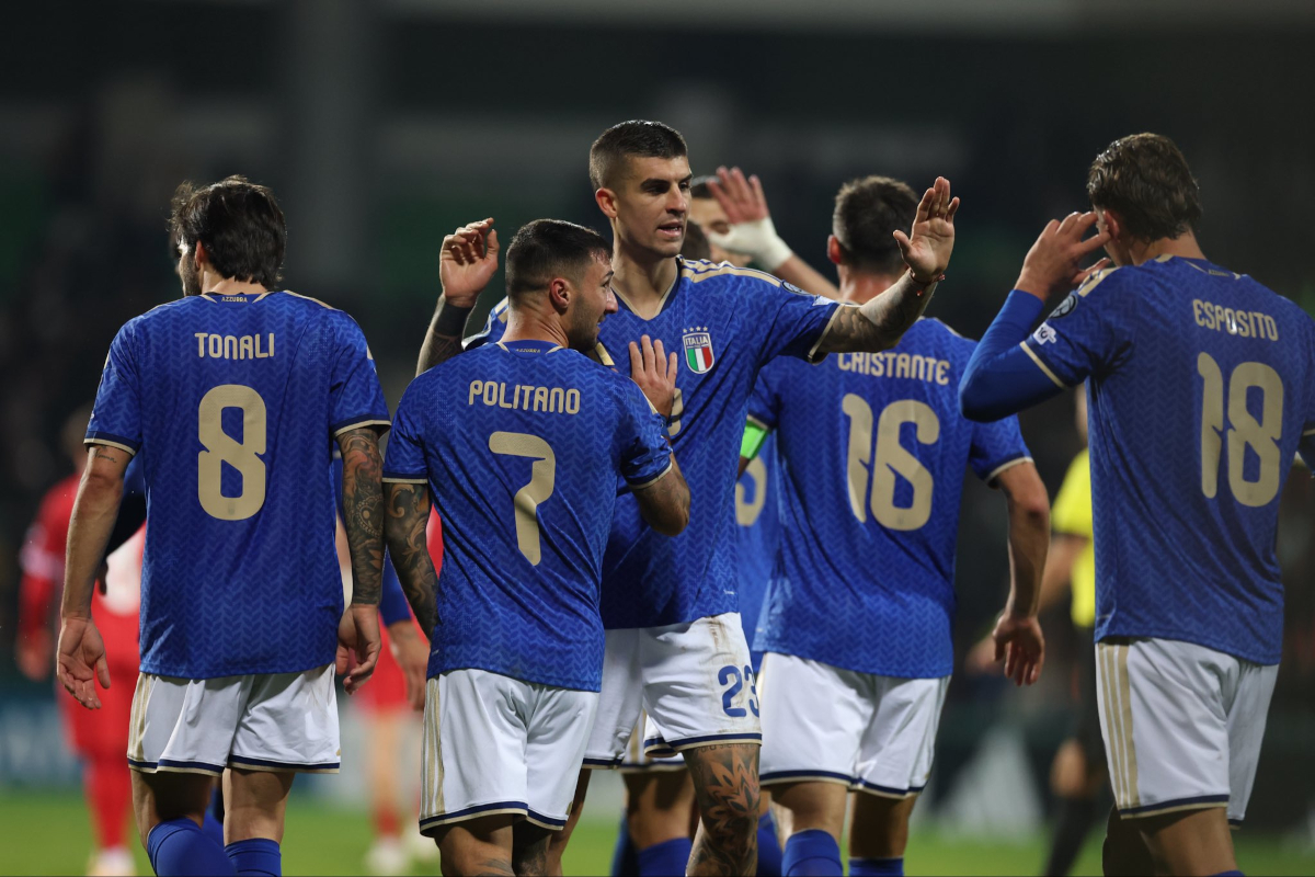 Gianluca Mancini and Italy celebrate the opening goal in their 2026 World Cup qualifier against Moldova (@azzurri)