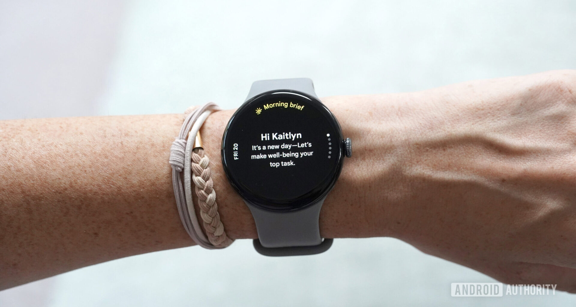 A Google Pixel Watch 3 displays a users' Morning Brief.