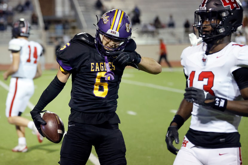 Richardson wide receiver Jayden Hernandez (6) reacts after his long completion against Lake...
