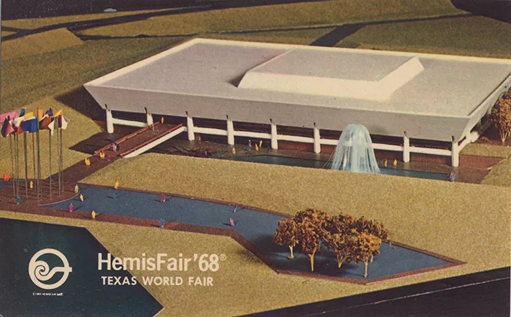 A postcard depicts a rendering of the now-demolished Institute of Texan Cultures building at Hemisfair.
