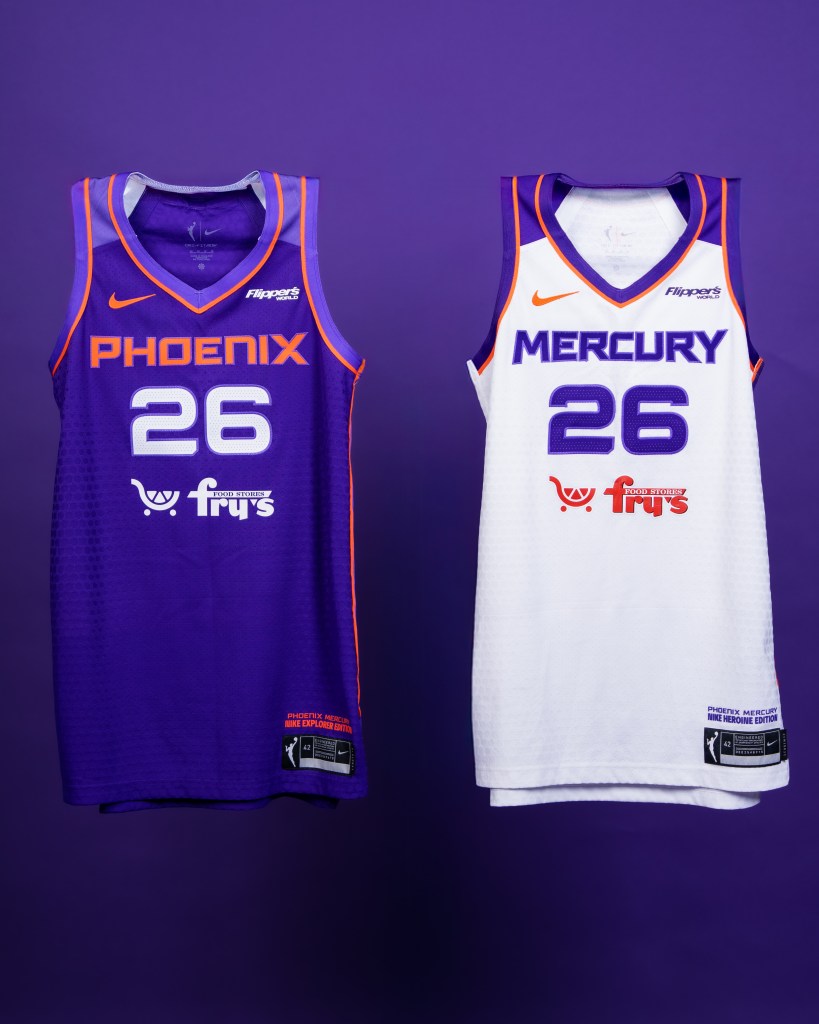 The Phoenix Mercury's new Heroine (right) and Explorer (left) jerseys. Both feature numbers and letters that use the team's new "Mighty Mercury" typeface, along with accents using the new "psychic purple."