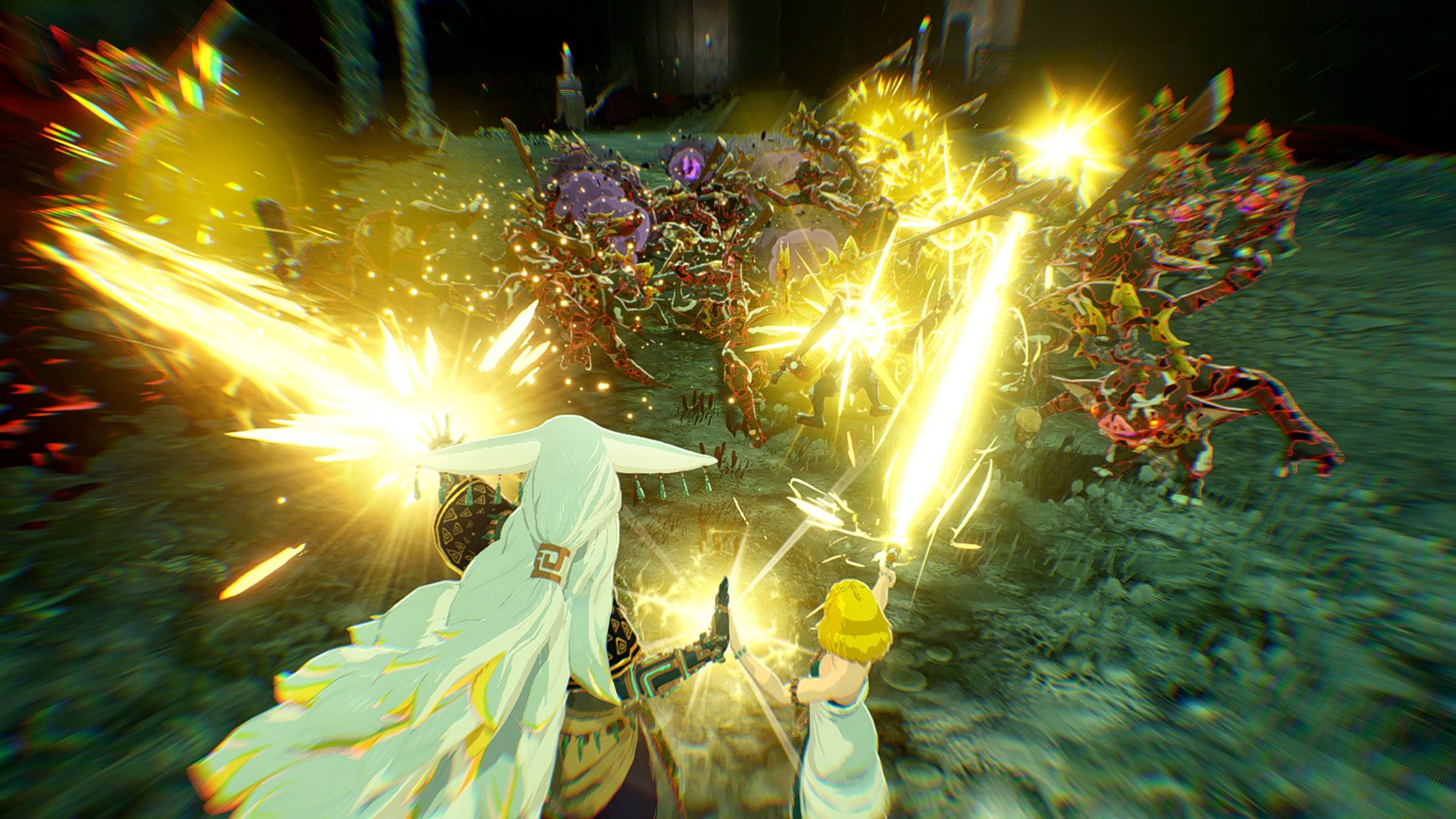 Screenshot from Hyrule Warriors: Age of Imprisonment featuring Princess Zelda and King Rauru shooting beams of light from their hands in a sync strike.