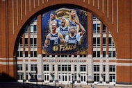 An exterior view of the American Airlines Center before Game 4 of the NBA Finals in Dallas,...