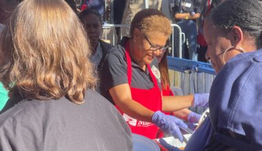 Mayor Karen Bass was among those helping to serve food on Skid Row on Wednesday.