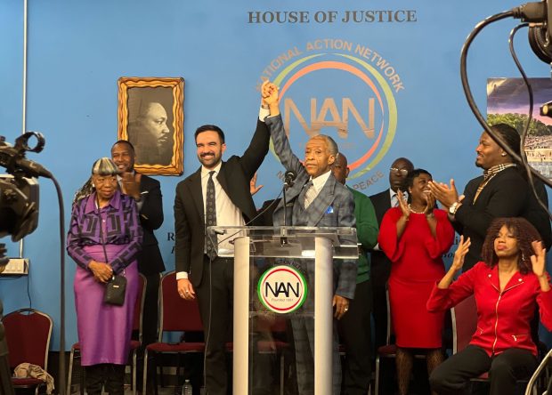 Democratic mayoral candidate Zohran Mamdani is pictured with Rev. Al Sharpton at National Action Network's House of Justice in Harlem on Saturday, Nov. 1, 2025. (Emma Seiwell / New York Daily News)