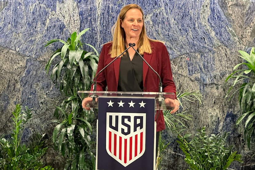 United States Soccer president Cindy Parlow Cone speaks at a news conference in New York,...