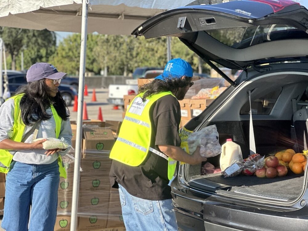 Volunteers load food into a car at a Houston Food Bank special distribution site for SNAP beneficiaries and federal workers on Nov. 1, 2025.