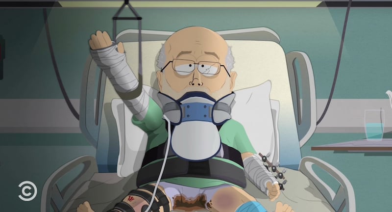 South Park, Brendan Carr in a hospital bed, his arm propped up in a Nazi salute.