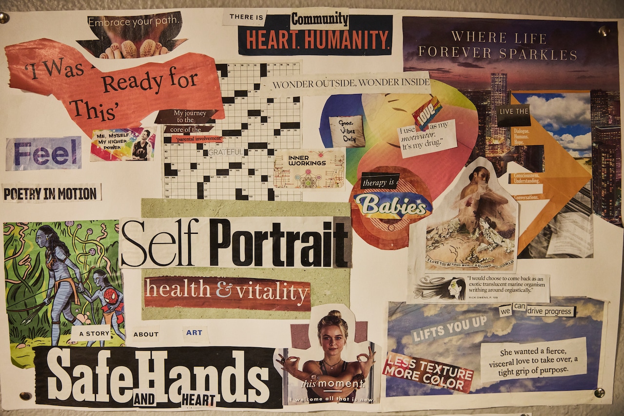 Clippings from media pasted to a board