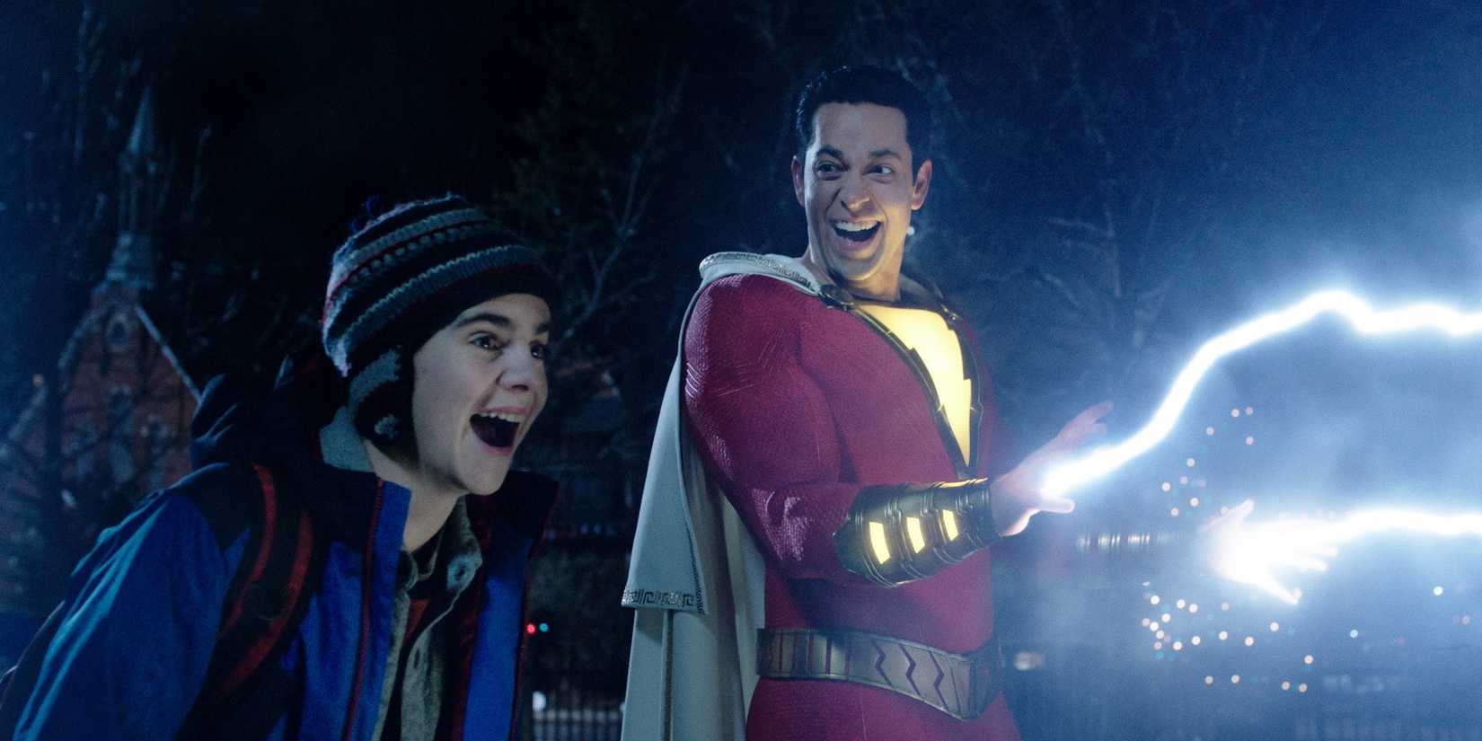 Jack Dylan Grazer as Freddy Freeman and Zachary Levi as Shazam