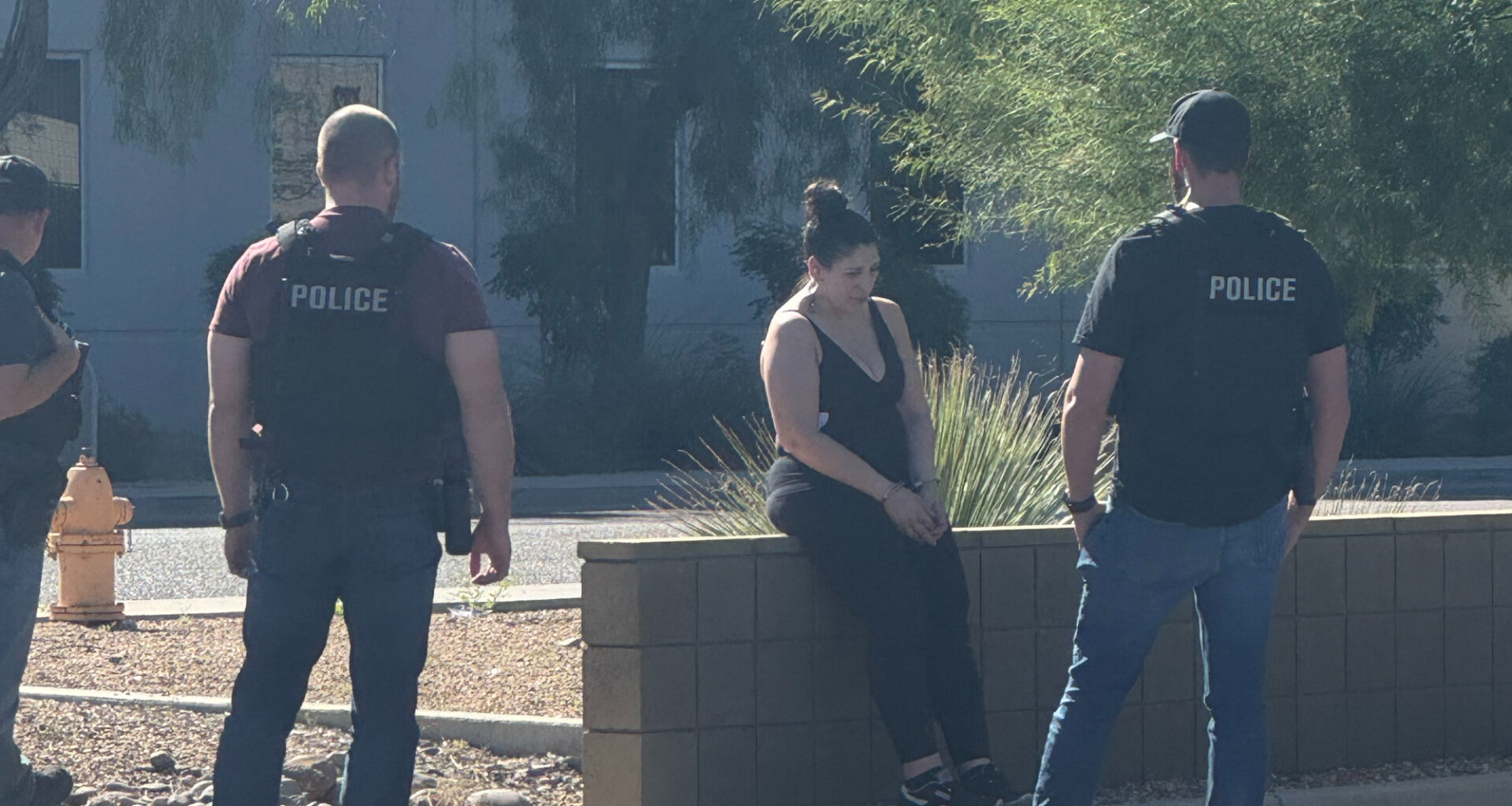 police surround a woman sitting on a low block wall